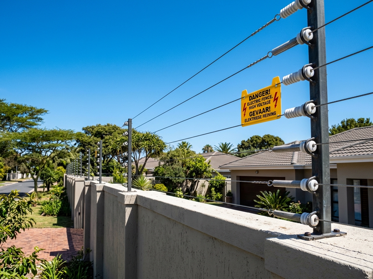 Perimeter electric security fence on residential boundary wall